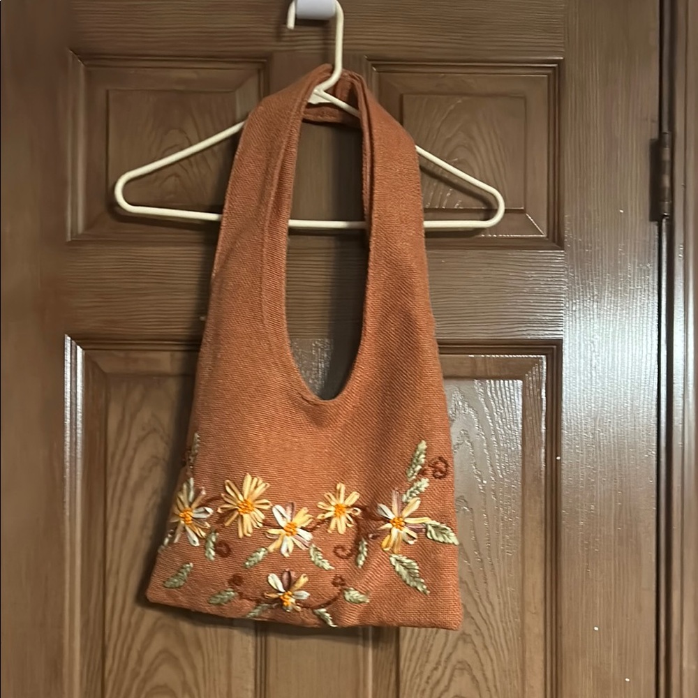 Embroidered Floral Orange Tote Bag